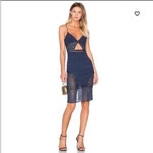 New with tag NBD Aubrey Midi Dress in navy gold cut out